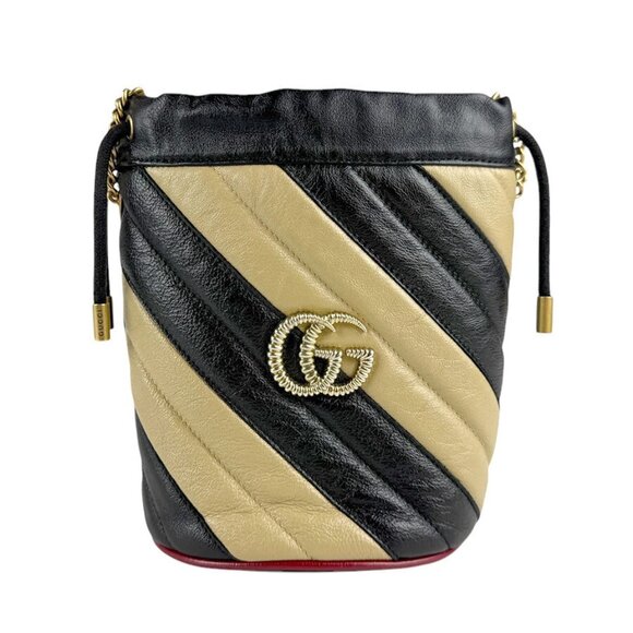 Auth GUCCI GG Marmont Shoulder Bag Black/Beige Leather/Goldtone - Picture 1 of 12